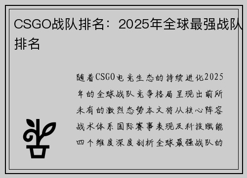 CSGO战队排名：2025年全球最强战队排名