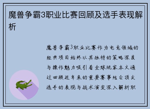 魔兽争霸3职业比赛回顾及选手表现解析