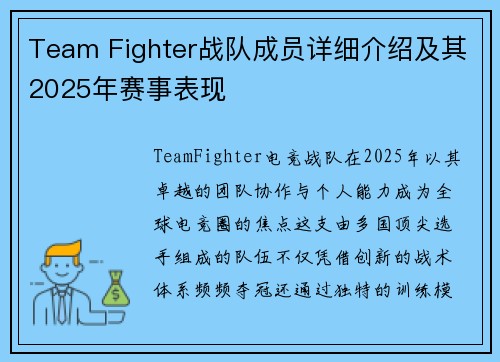 Team Fighter战队成员详细介绍及其2025年赛事表现